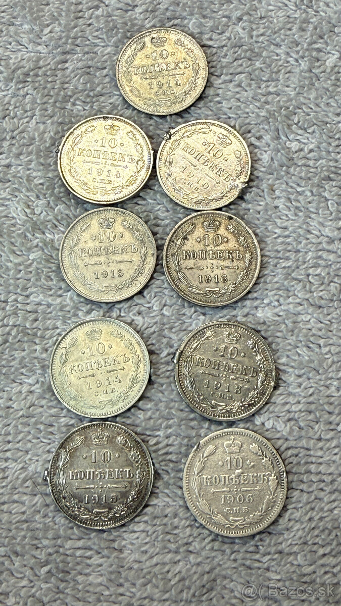 Stříbrná mince – Carské Rusko 10 Kopějek, smíšený lot (1906– - 3