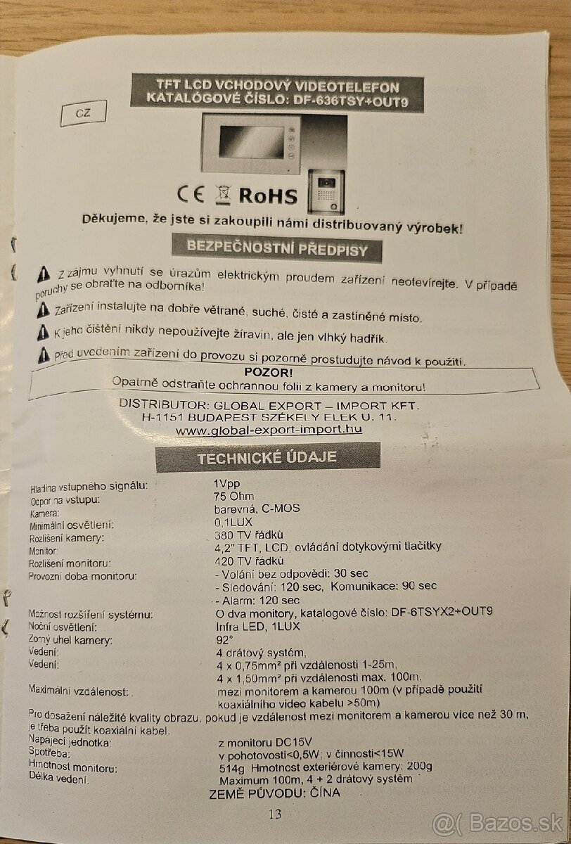 vchodovy zvocek káblový video telefon 2x - 3