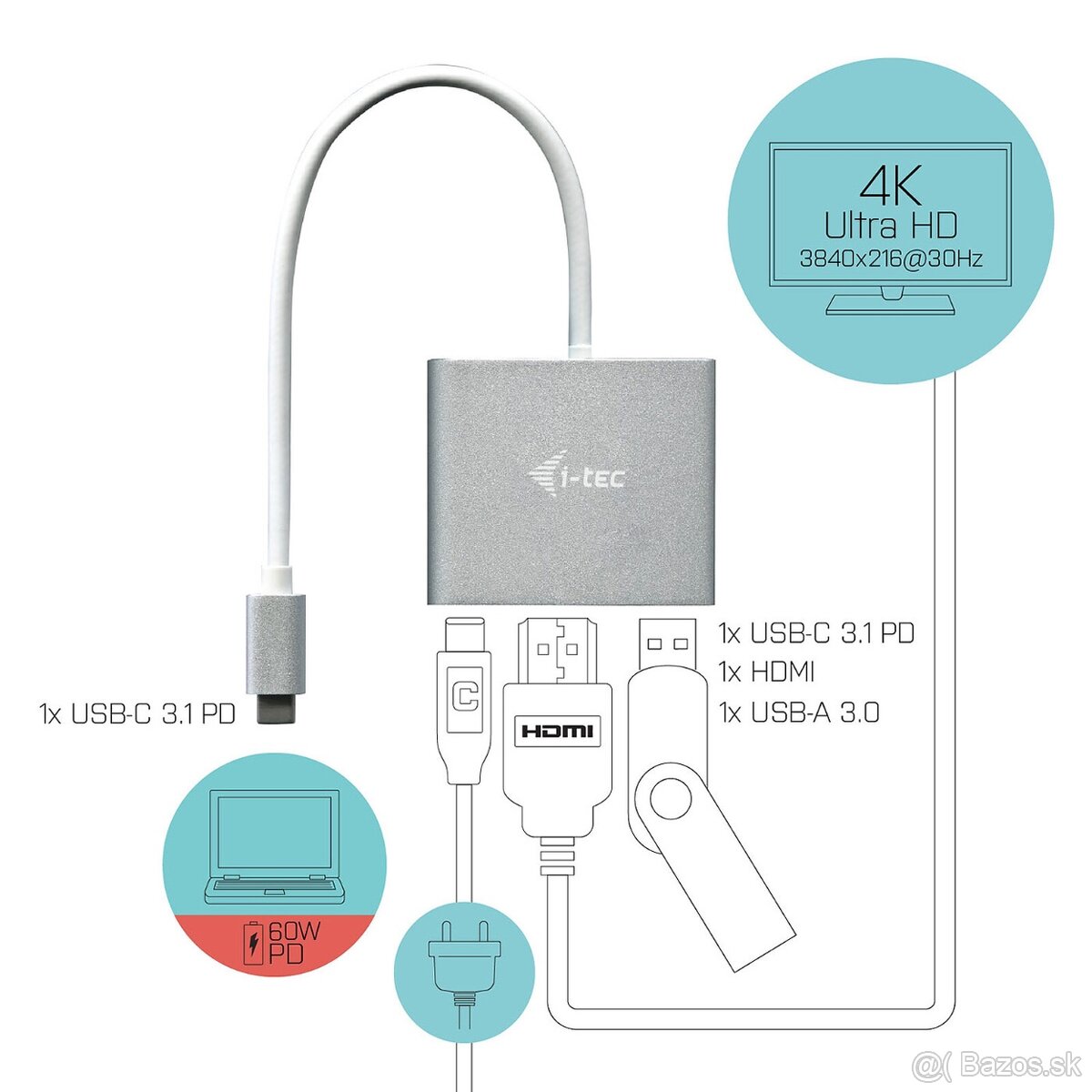 Adaptér I-TEC 4K HDMI + USB 3.0 + USB-C PD nabíjanie - 3