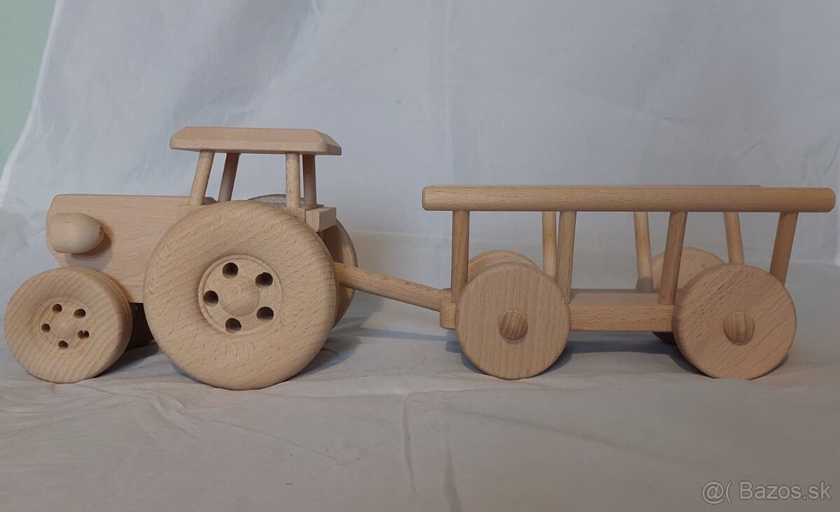Drevený traktor s vlečkou 40cm, NOVÝ - 3