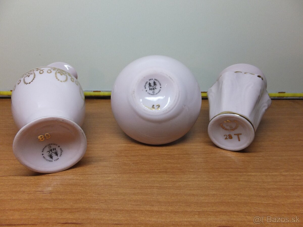 Set, originál růžový porcelán H&C Chodov, 3 vázičky. - 3