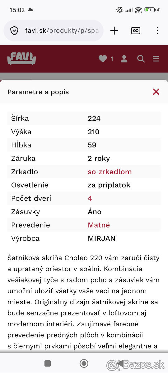 Šatníková skriňa s LED osvetlením+ darček - 3