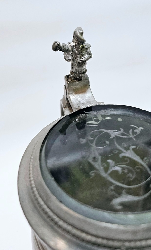 starožitný cínový krígeľ so skleneným poklopom - 3