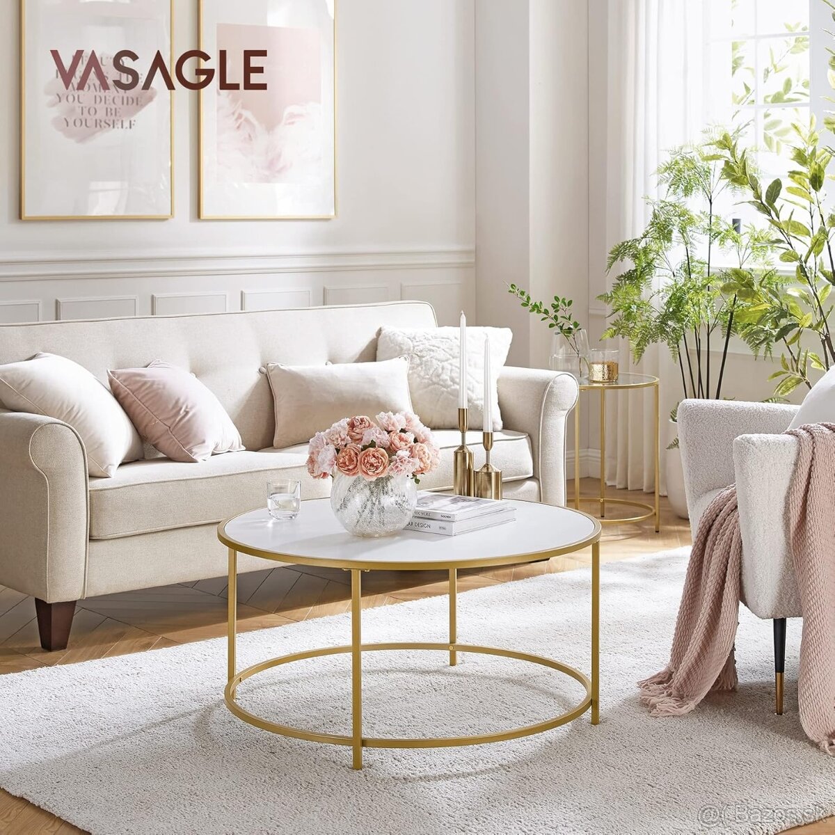 VASAGLE okrúhly konferenčný stolík – bielo-zlatý, nový - 3