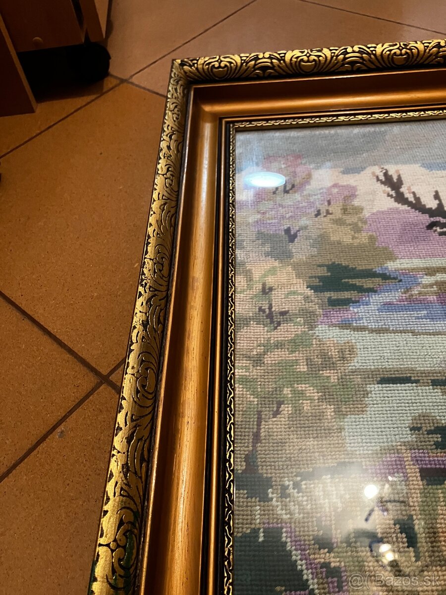 Starožitný vyšívaný obraz jeleňa - 3