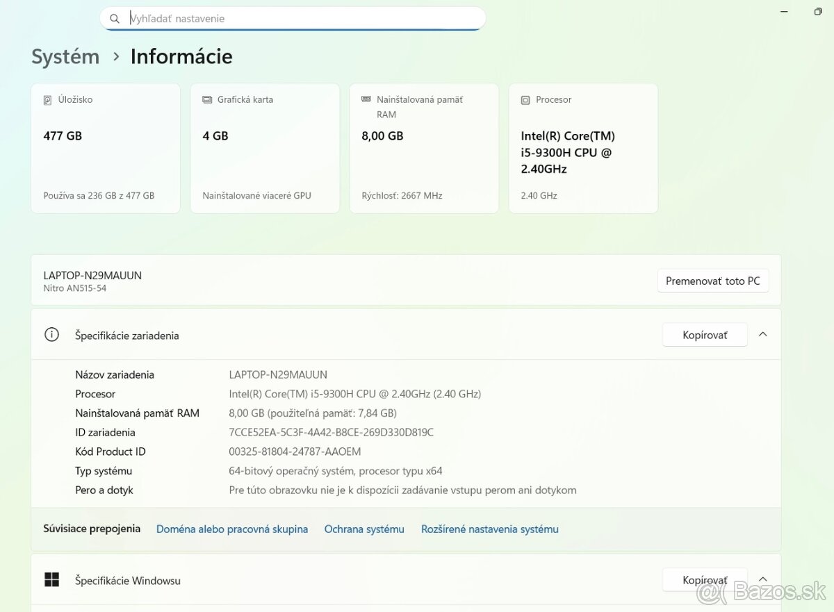 Predám herný notebook Acer Nitro 5 – I5 9300h / GTX 1650 4GB - 3