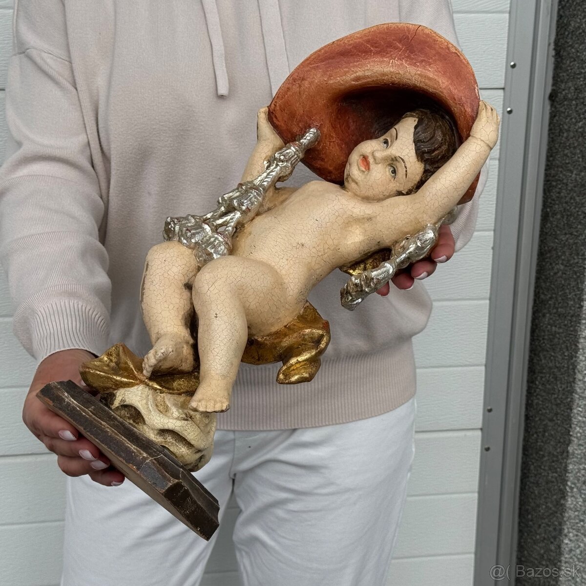 Velká socha dřevený anděl v polychromii 42cm - 3