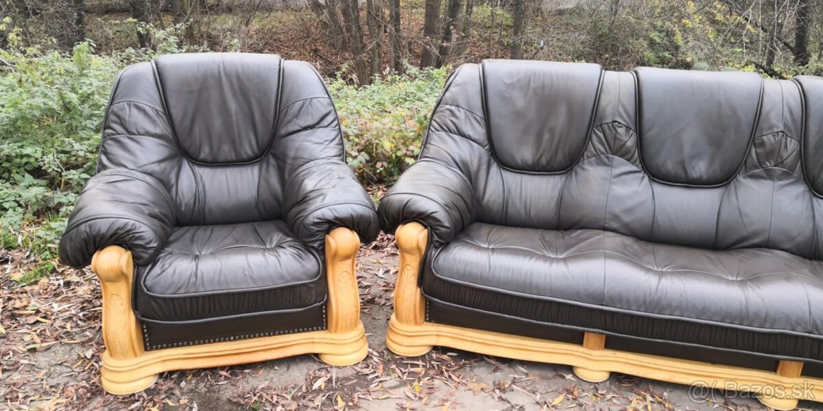 Kožená sedacia súprava 3+1+1 s masívnym dubivým drevom - 3