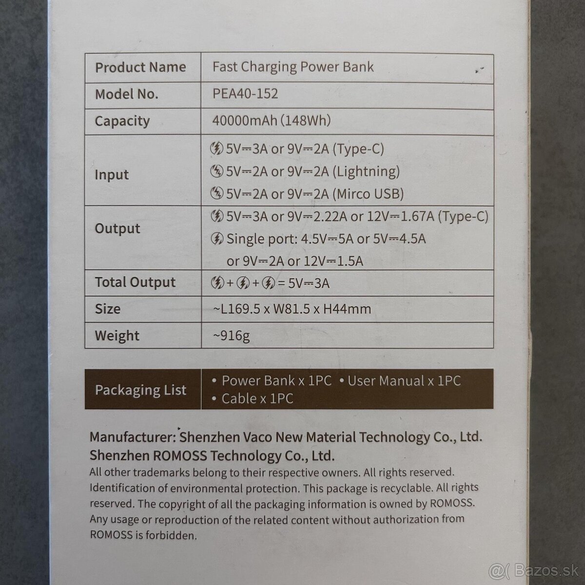 Powerbanka Romoss PEA40PF 40000mAh, 22,5W . - 3