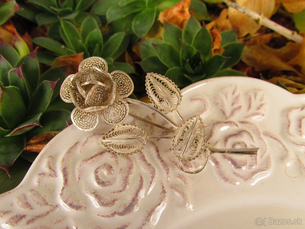 Stará dámska filigránová brošňa Ruža, Ag 800 - 3