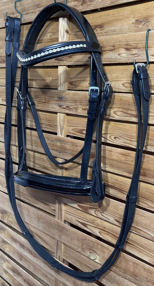 Uzdečka anglická černá s čelenkou s bílými krystaly + otěže - 3