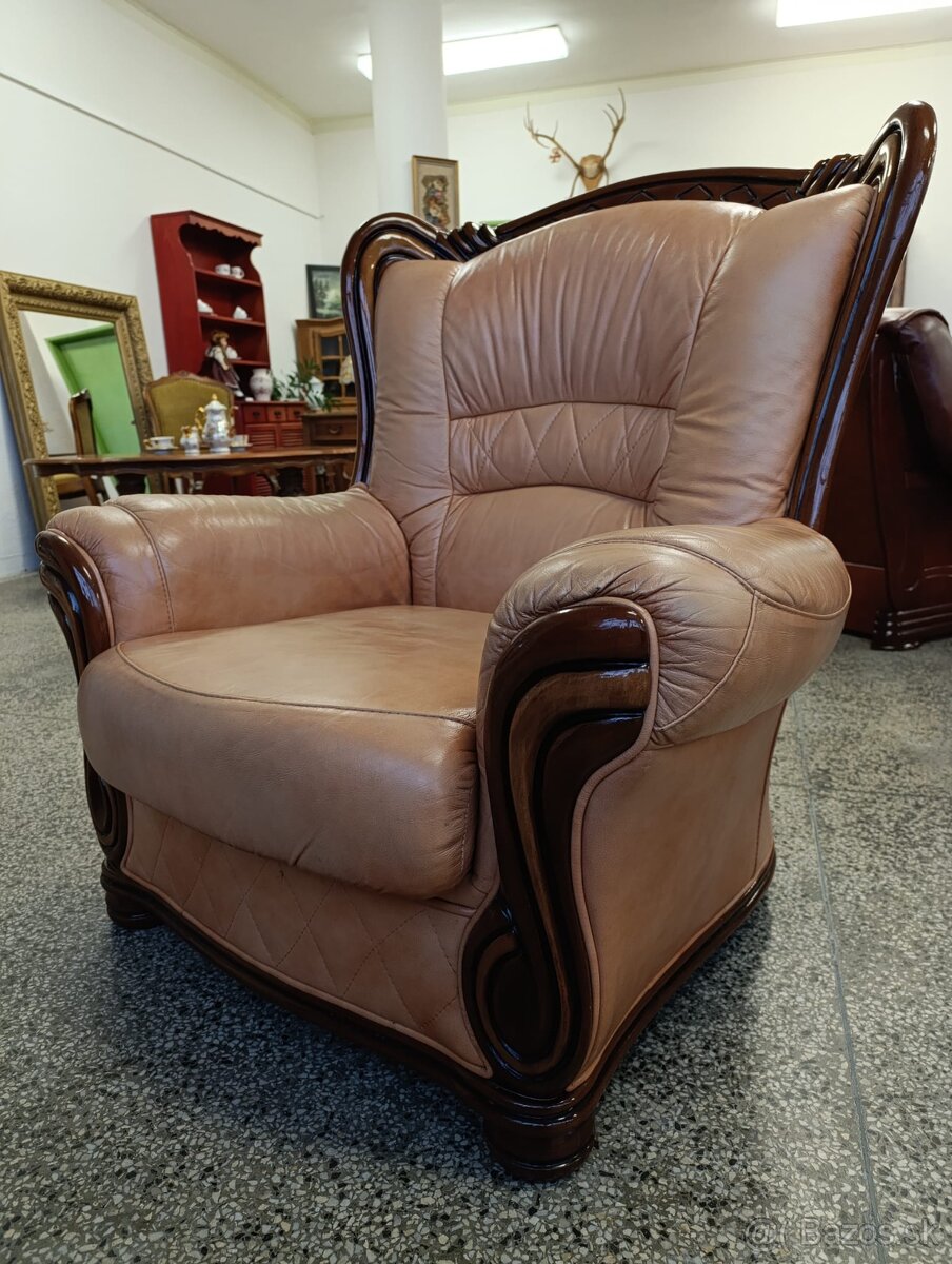 Rustikální kožené křeslo, masív, Nábytek s příběhem - 3