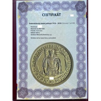 ZLATÝ ČÍSLOVANÝ JUBILEJNÍ SVATOVÁCLAVSKÝ DUKÁT 2018 - 500 ks - 3