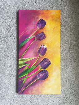 Tulipány – originálna akrylová maľba na plátne 30×60 cm - 3