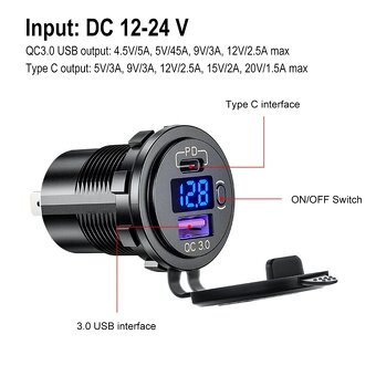 12-24V 48W dualna USB nabijacka do auta s LED (PD3.0&QC3.0) - 3