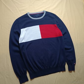 Tommy Hilfiger modrý tenký sveter svetrík s veľkým logom S/M - 3