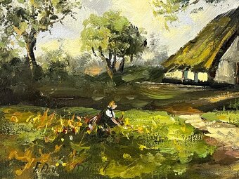 Olejomaľba chalupky s dievčatkom - 3