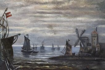 Predám starožitnú olejomalbu na plátne 50cm x 37cm ,,Prístav - 3