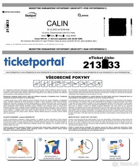 Predám 2 lístky na CALINA 01.12.2025 o2 aréne Prahe. - 3