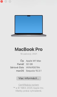 Predám Macbook Pro 16" M1 MAX, 32GB RAM, 2TB - 3