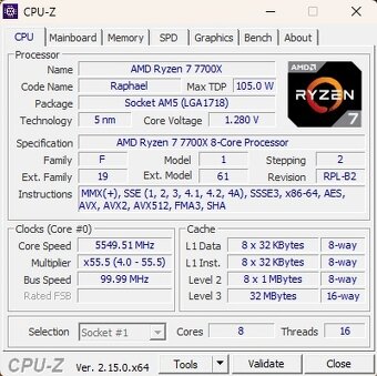 AMD Ryzen 7 7700X, 4.50 GHz, 32 MB Cache, socket AM4 - 3