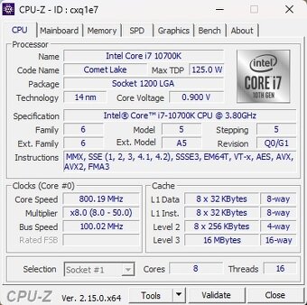 Intel Core i7-10700K, 3.80 GHz, 16 MB Cache, socket 1200 - 3