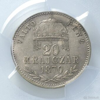 Vzácny uhorský 20 Krajczar-Krejcar-1870 GYF, certifikácia AU - 3