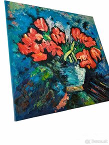 Obraz - zátišie - olejomaľba od P. Stuarta - červené kvety - 3