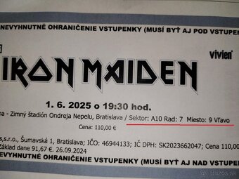 Iron Maiden 01.06.25 Bratislava - 2ks ( A10, 7 rad,sedenie) - 3