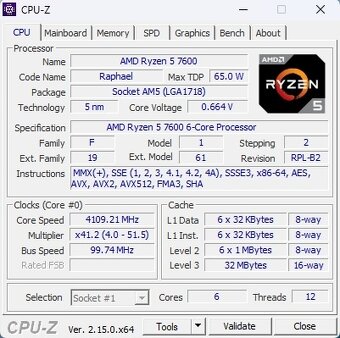 AMD Ryzen 5 7600, 3.80 GHz, 32 MB Cache, socket AM5 - 3