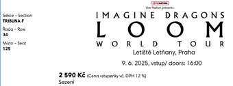 2x vstupenka na sedenie: Imagine Dragons Praha 09.06.2025 - 3