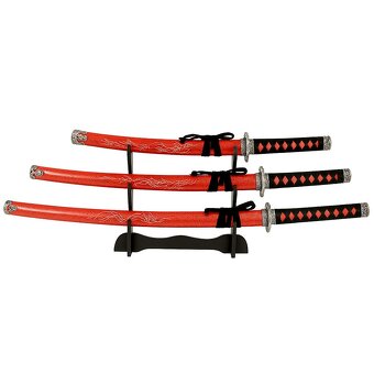 Dekoračná sada 3 japonských mečov katana s červeným puzdrom - 3