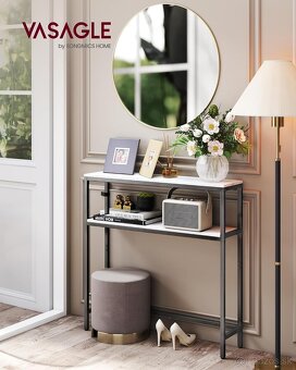 VASAGLE konzolový stolík – 2 police, mramorovo biely/čierny - 3