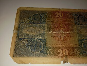 BANKOVKA 20 KČ 1919, VZÁCNÁ SÉRIE U, NEPERFOROVANÁ - 3