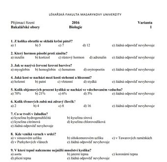 Masarykova lekárska fakulta(muni) prijímacie testy+ odpovede - 3