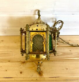 Stará krásná mosazná lampa s různobarevnými skly - 3