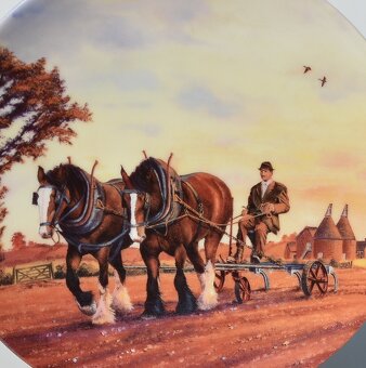 4 porcelánové taniere z 1 sady - Práca na poli s koňmi - 3