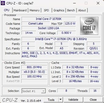 Intel Core i7-10700K, 3.80 GHz, 16 MB Cache, socket 1200 - 3