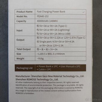Powerbanka Romoss PEA40PF 40000mAh, 22,5W . - 3