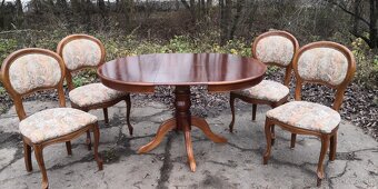 Masivny rozkladací stôl+4ks starožitných stoliček - 3