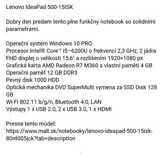 predám notebook LENOVO ideapad 500-15ISK - 3