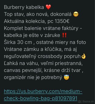 Burberry originál kabelka medium bowling bag, pc 1350€ - 3
