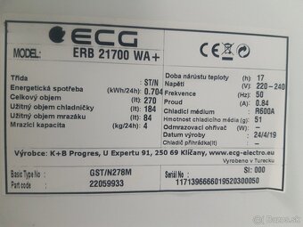 Predám kombinovanú chladničku s mrazničkou ECG ERB 21700 WA+ - 3
