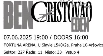 Predám 2 lístky na koncert Bena Cristovaa – Eden, Praha - 3
