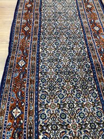 Nádherný ručne viazaný modrý Moud koberec, top stav, 300x79 - 3