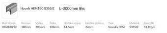 Predám hutný materiál nosník HEM 180 - 3000mm, S355 - 8ks - 3