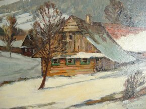Chalupa v zime 2- olej na kartone 61x48cm/aj s rámom/ - 3
