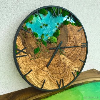 Machove hodiny s drevom s epoxidom 60cm olivove drevene - 3