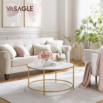 VASAGLE okrúhly konferenčný stolík – bielo-zlatý, nový - 3