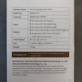 Powerbanka Romoss PEA40PF 40000mAh, 22,5W - 3
